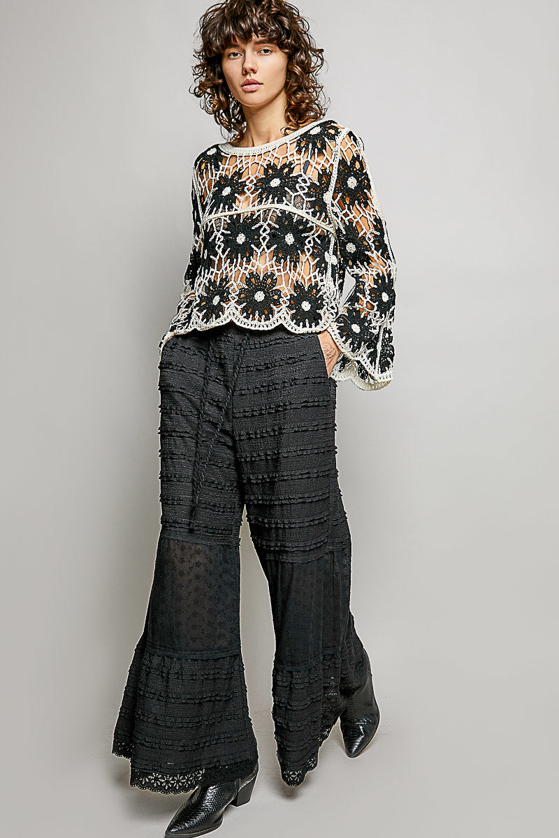 POL Black Multi Color Crochet Knit Top