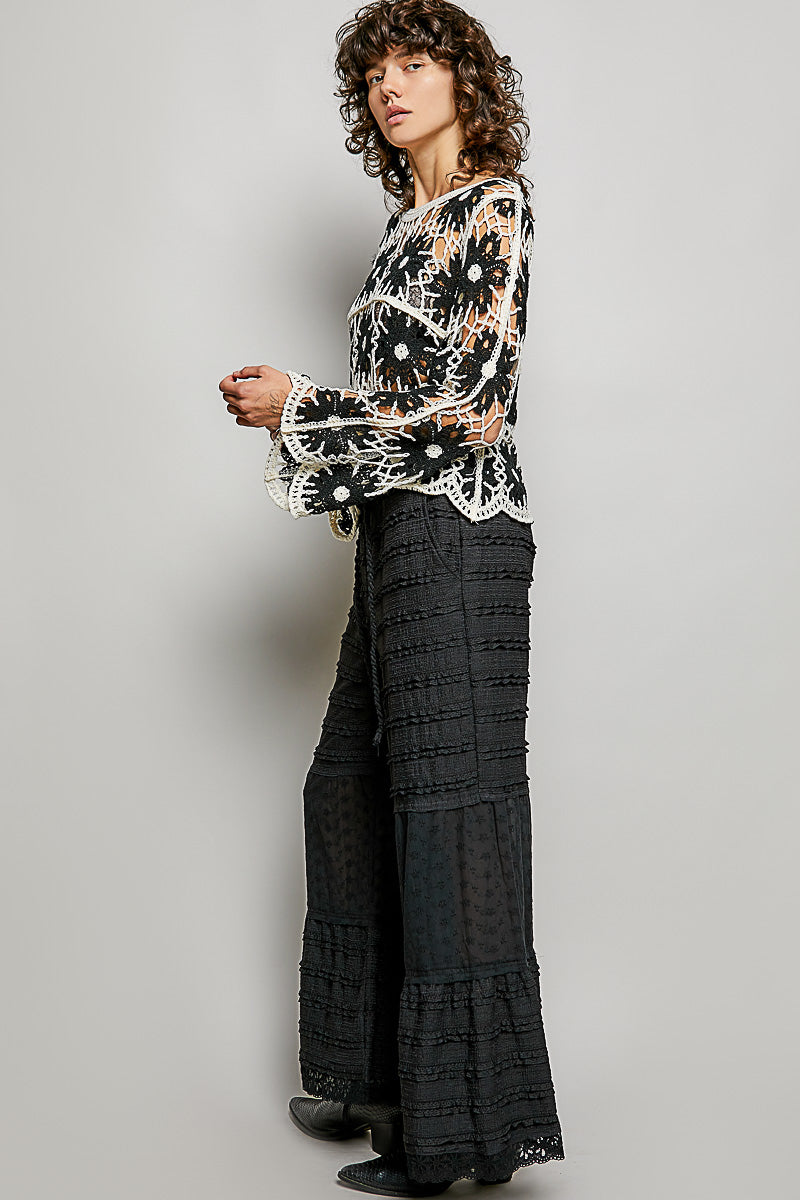 POL Black Multi Color Crochet Knit Top