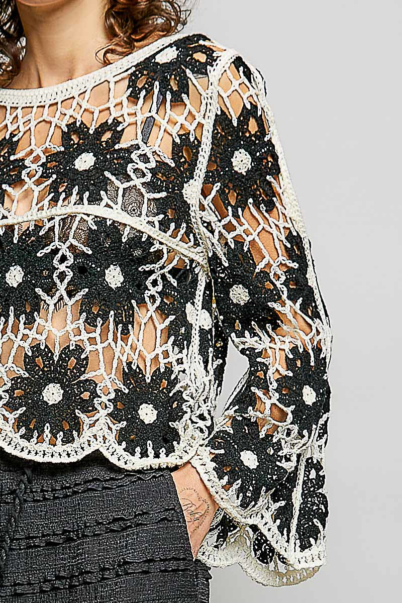 POL Black Multi Color Crochet Knit Top