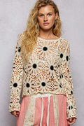 POL Natural and Black Floral Crochet Scalloped Top