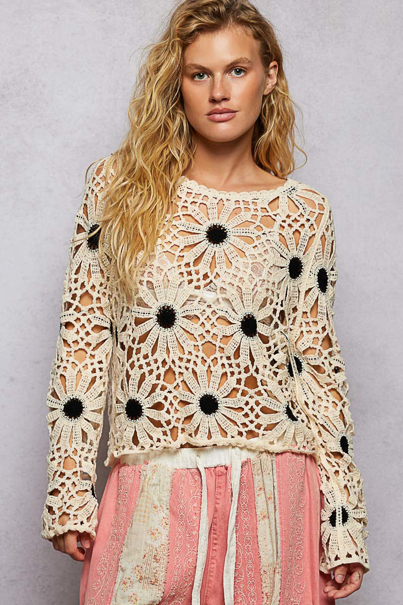 POL Natural and Black Floral Crochet Scalloped Top