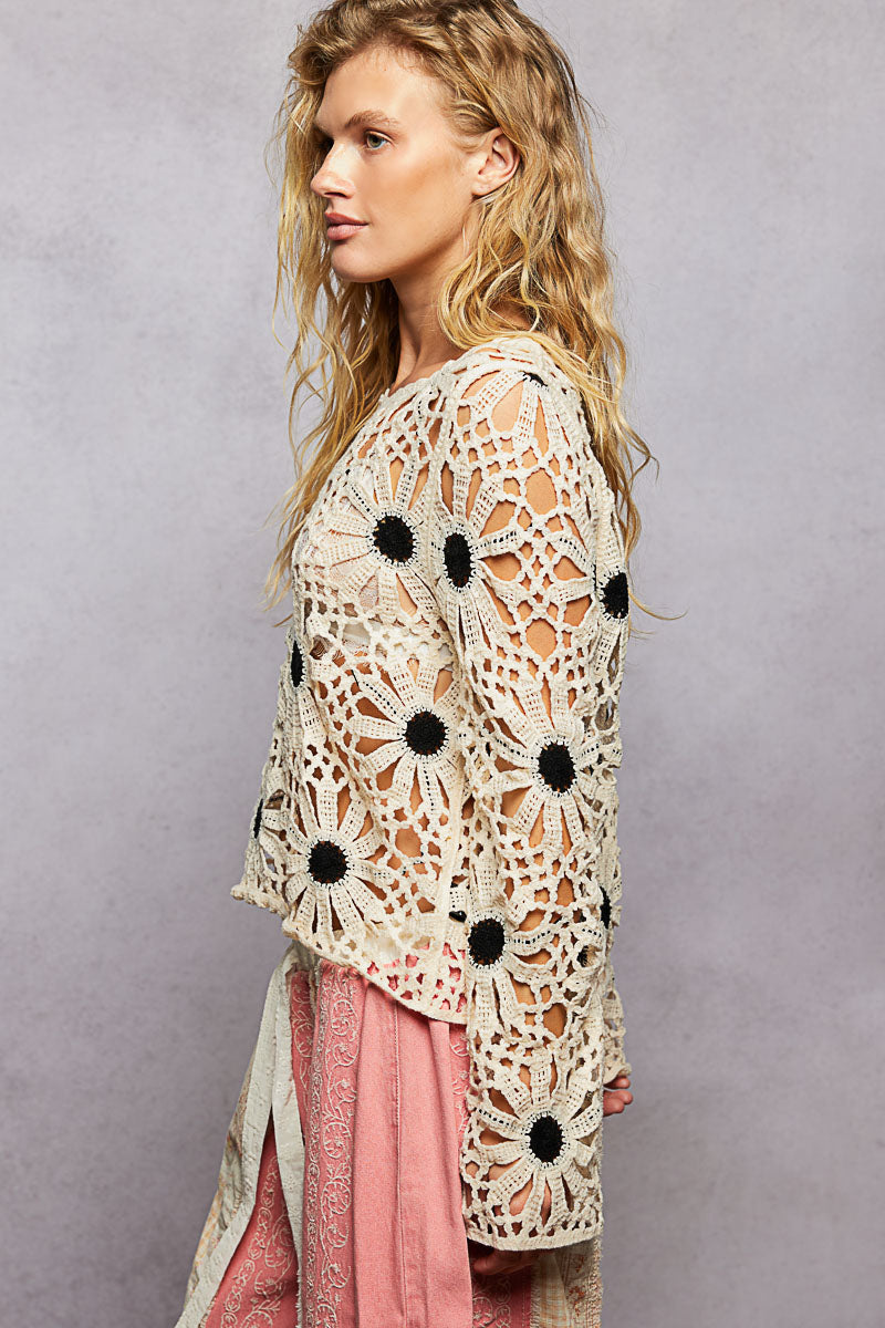 POL Natural and Black Floral Crochet Scalloped Top