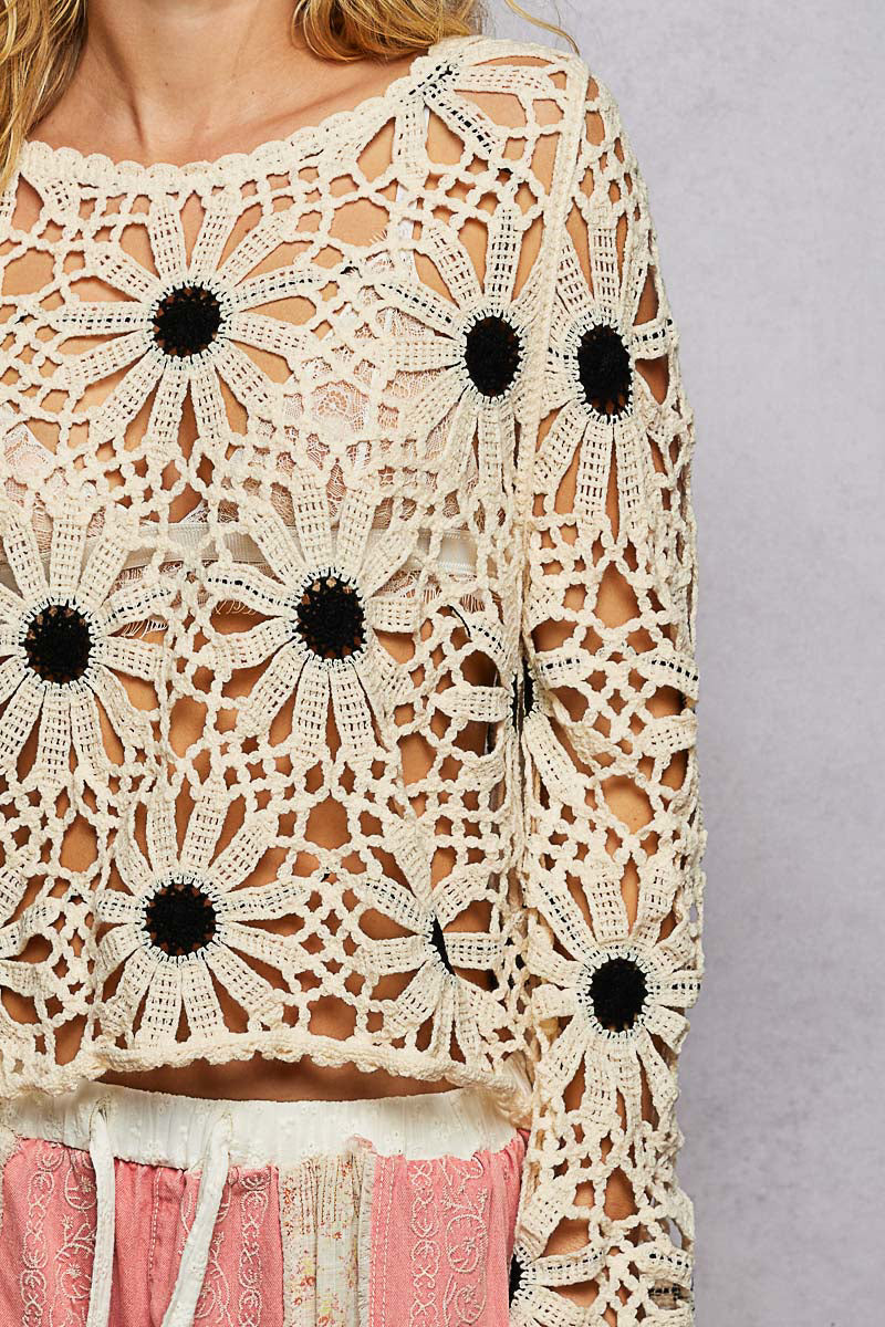 POL Natural and Black Floral Crochet Scalloped Top