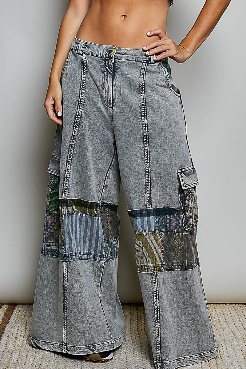 POL Charcoal Patchwork Wide-Leg Knit pants