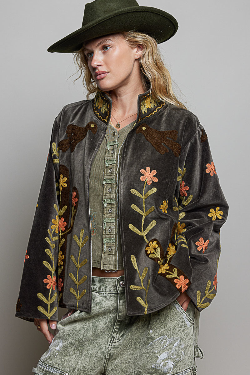 POL Charcoal Floral Embroidered Velvet Jacket