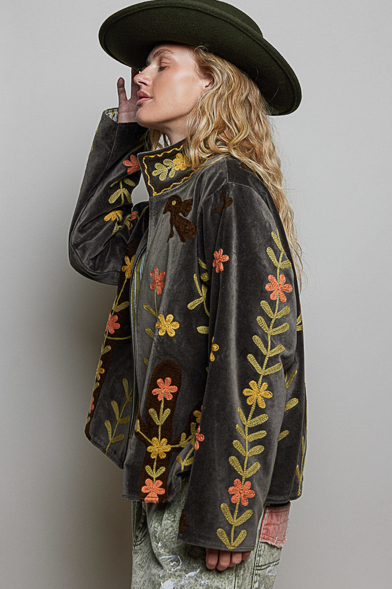 POL Charcoal Floral Embroidered Velvet Jacket