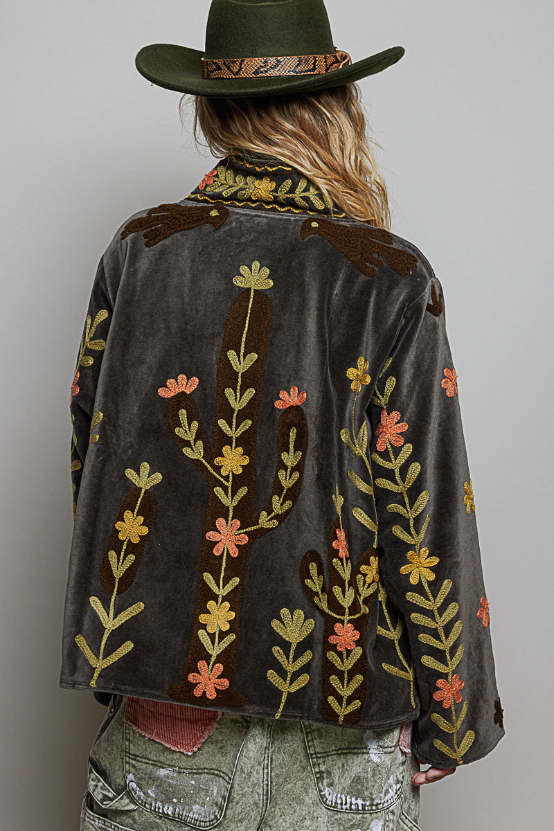 POL Charcoal Floral Embroidered Velvet Jacket