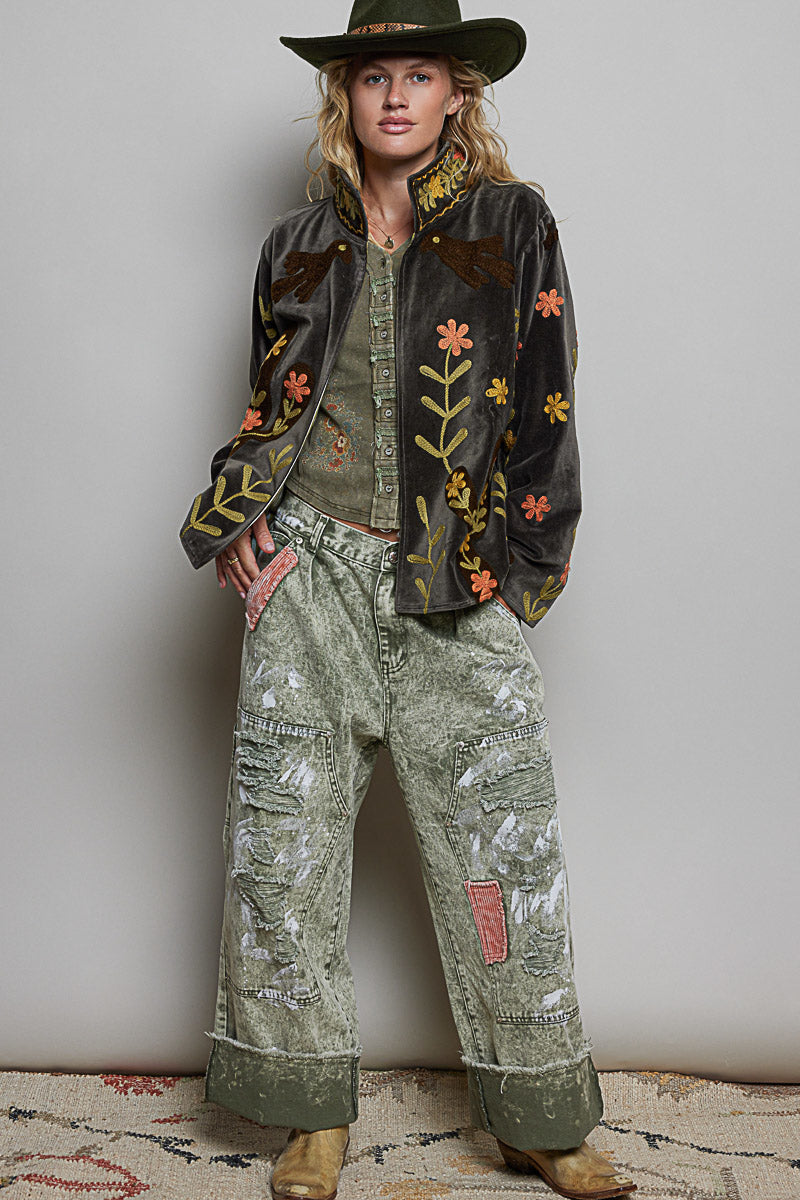 POL Charcoal Floral Embroidered Velvet Jacket