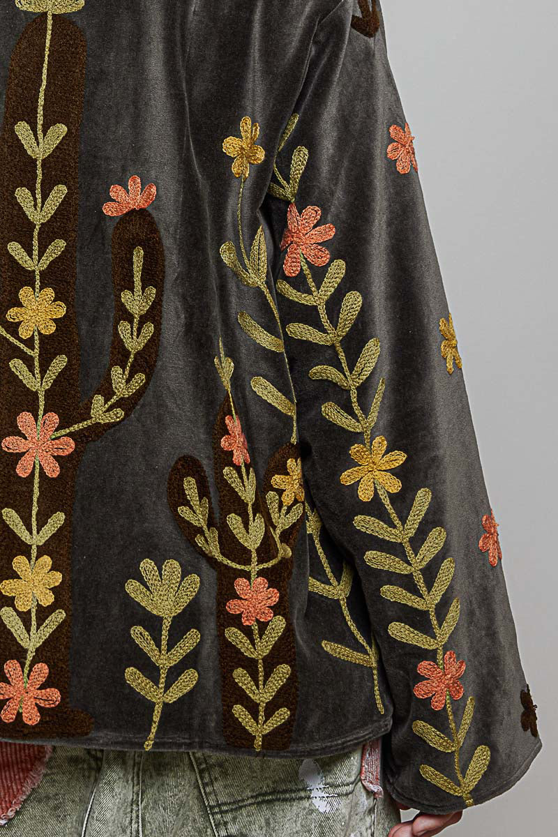 POL Charcoal Floral Embroidered Velvet Jacket