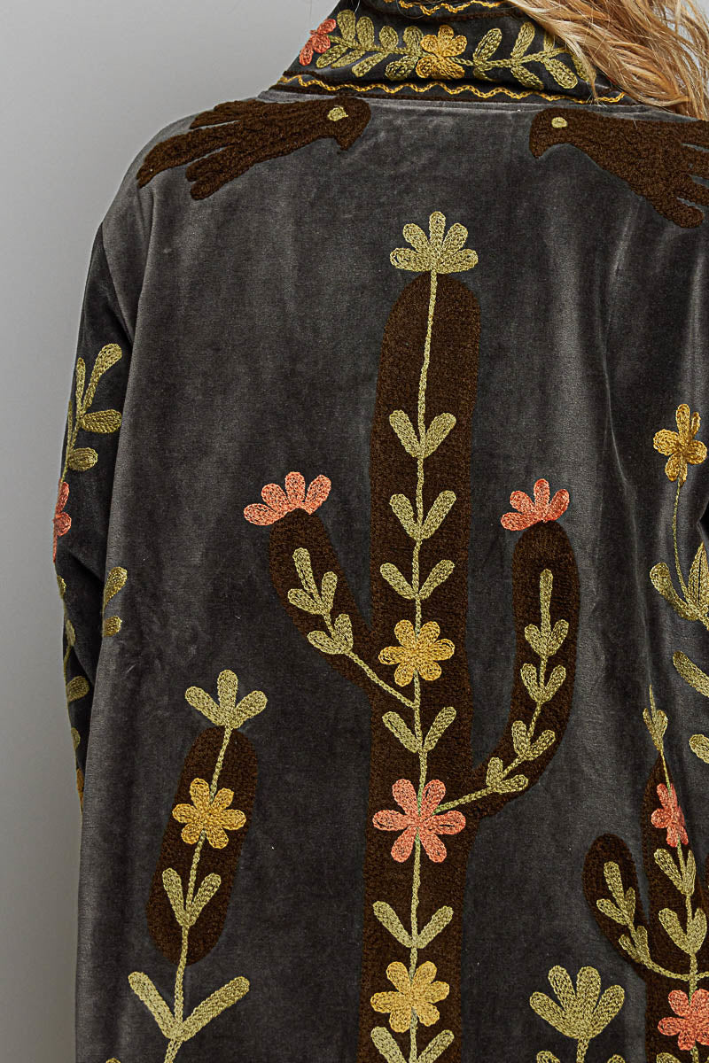 POL Charcoal Floral Embroidered Velvet Jacket