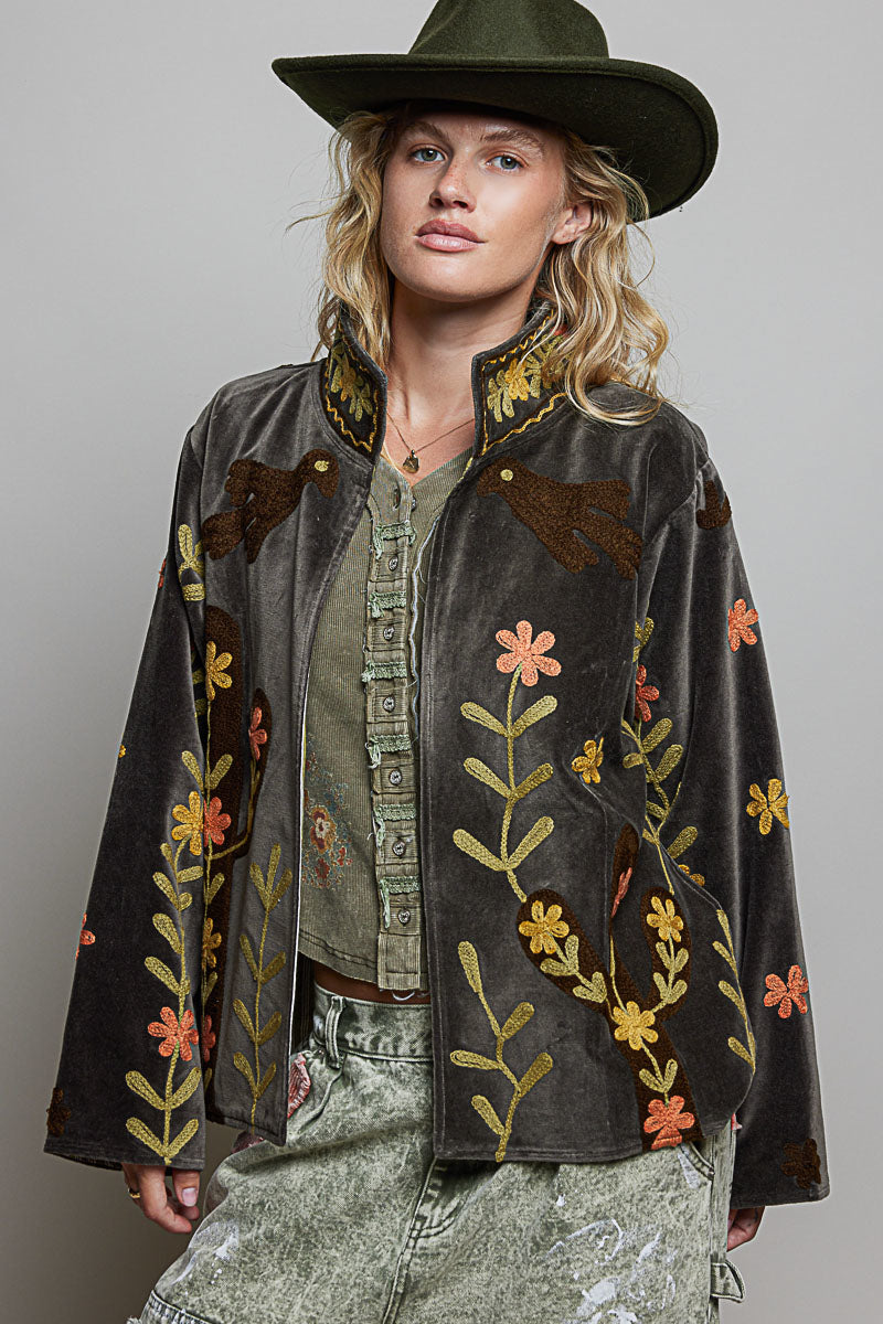 POL Charcoal Floral Embroidered Velvet Jacket