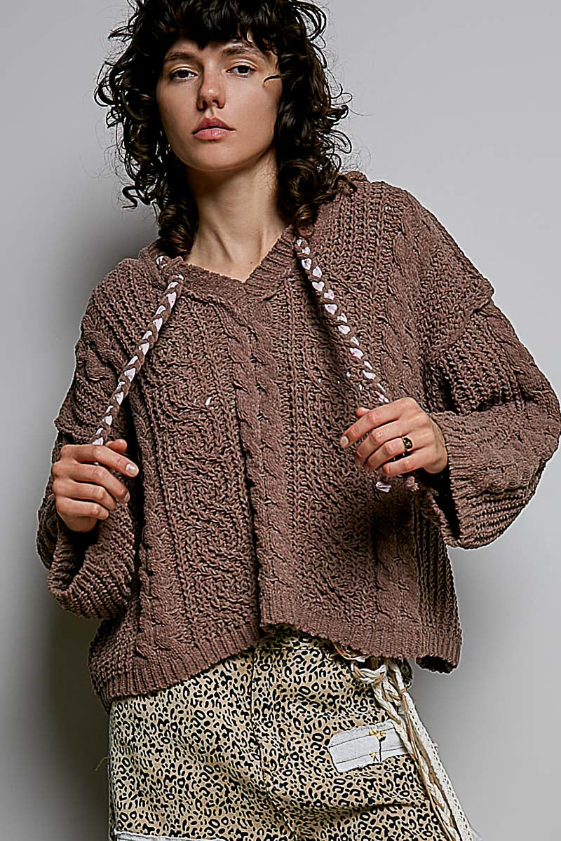 POL Chocolate Hooded Chenille Sweater with Tie Detail