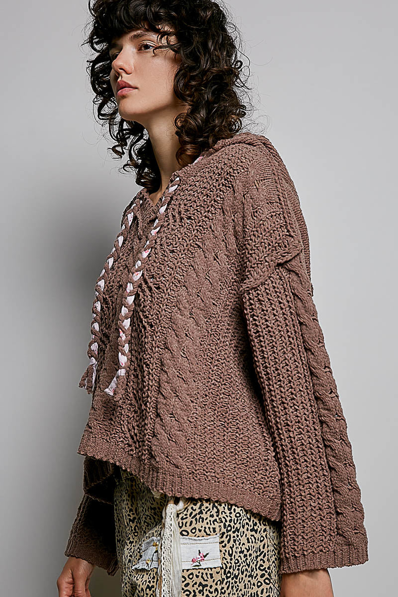 POL Chocolate Hooded Chenille Sweater with Tie Detail