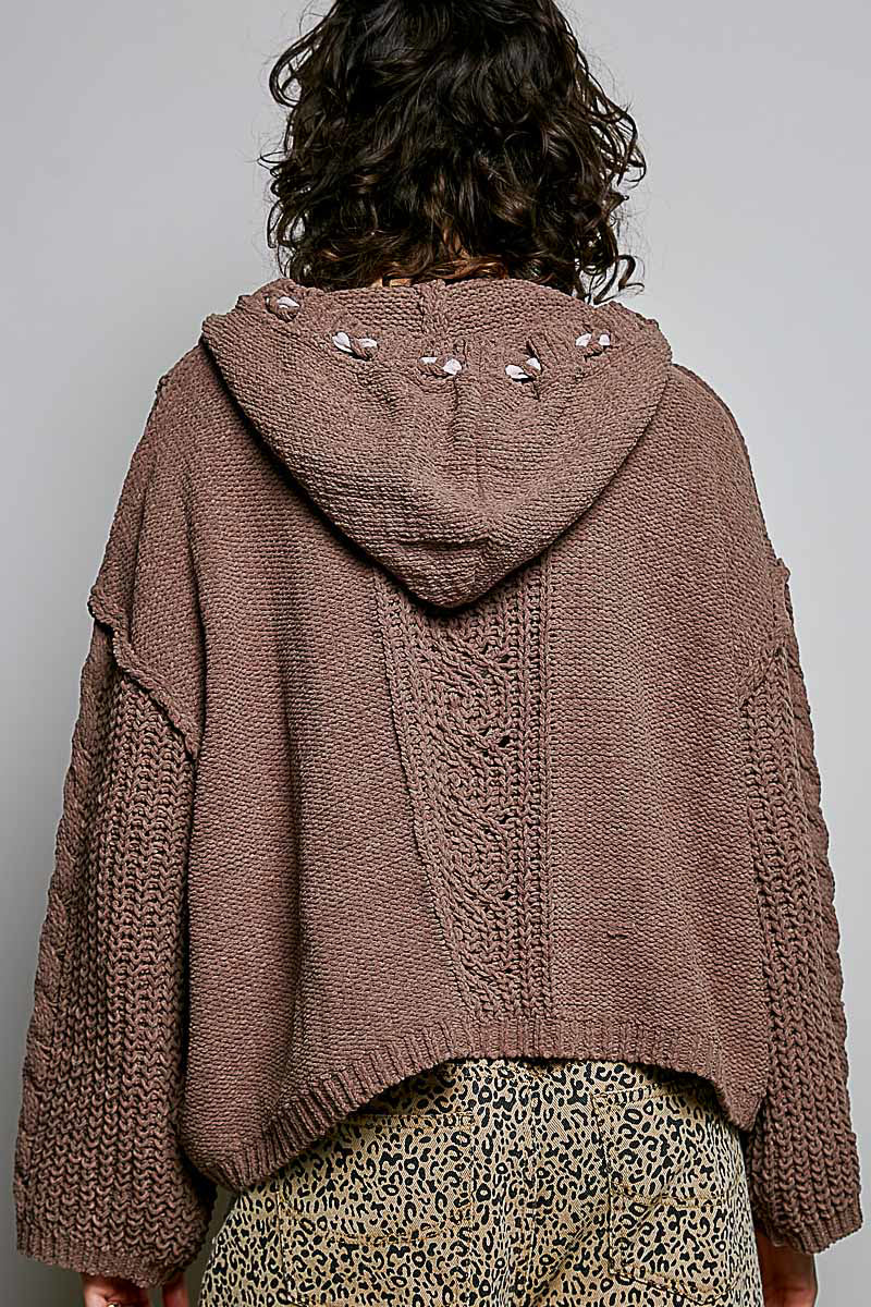 POL Chocolate Hooded Chenille Sweater with Tie Detail