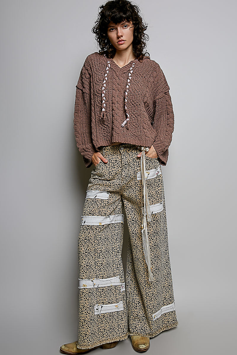 POL Chocolate Hooded Chenille Sweater with Tie Detail