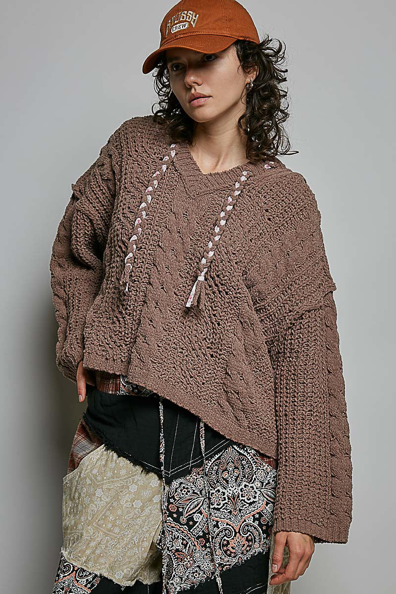 POL Chocolate Hooded Chenille Sweater with Tie Detail