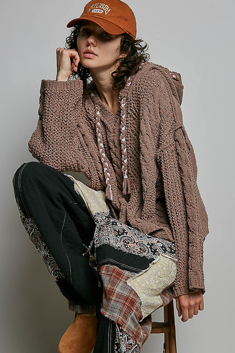 POL Chocolate Hooded Chenille Sweater with Tie Detail