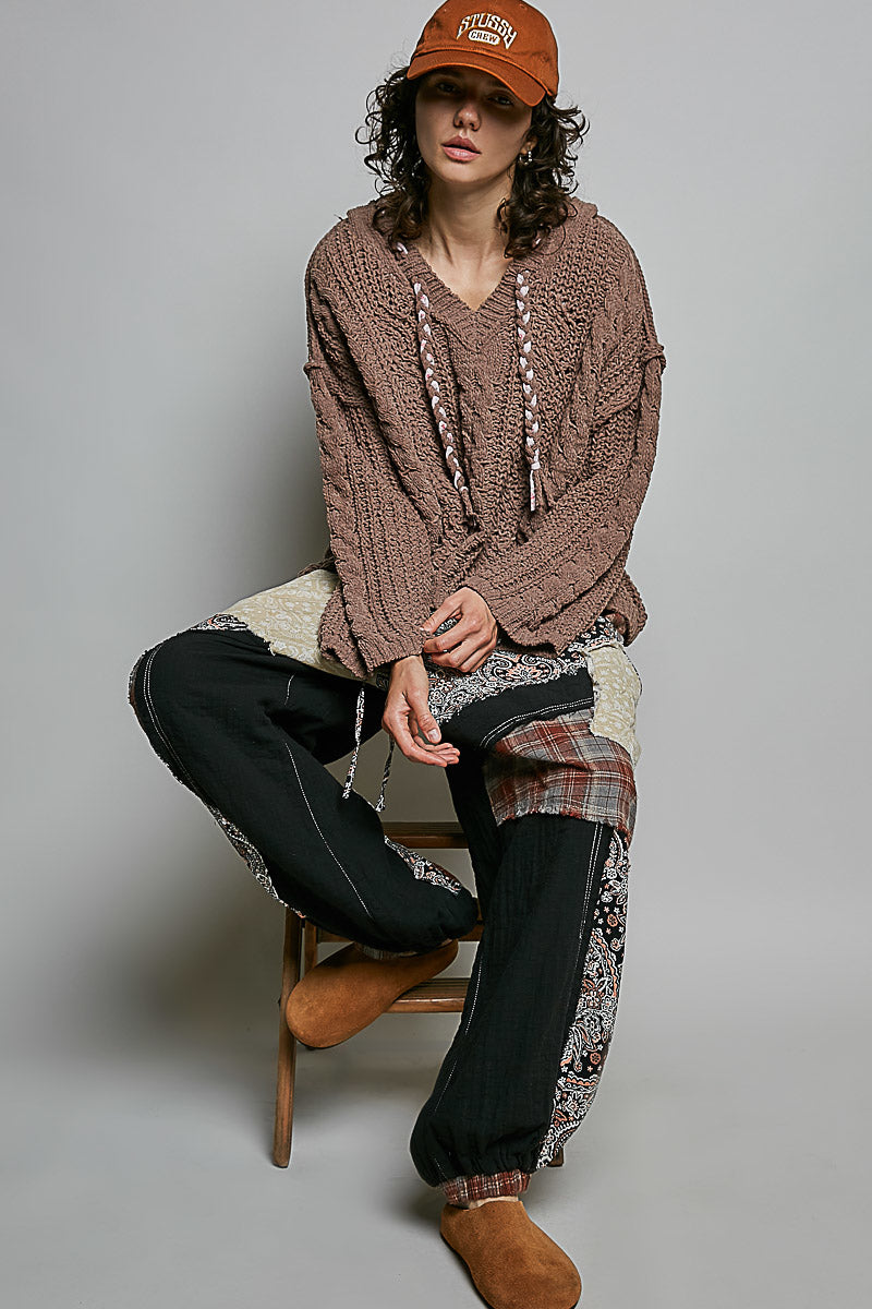 POL Chocolate Hooded Chenille Sweater with Tie Detail