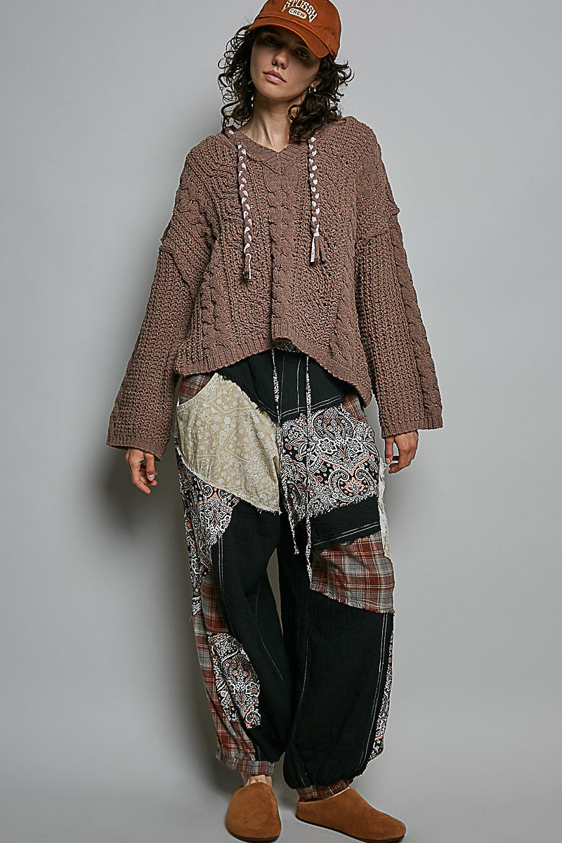 POL Chocolate Hooded Chenille Sweater with Tie Detail