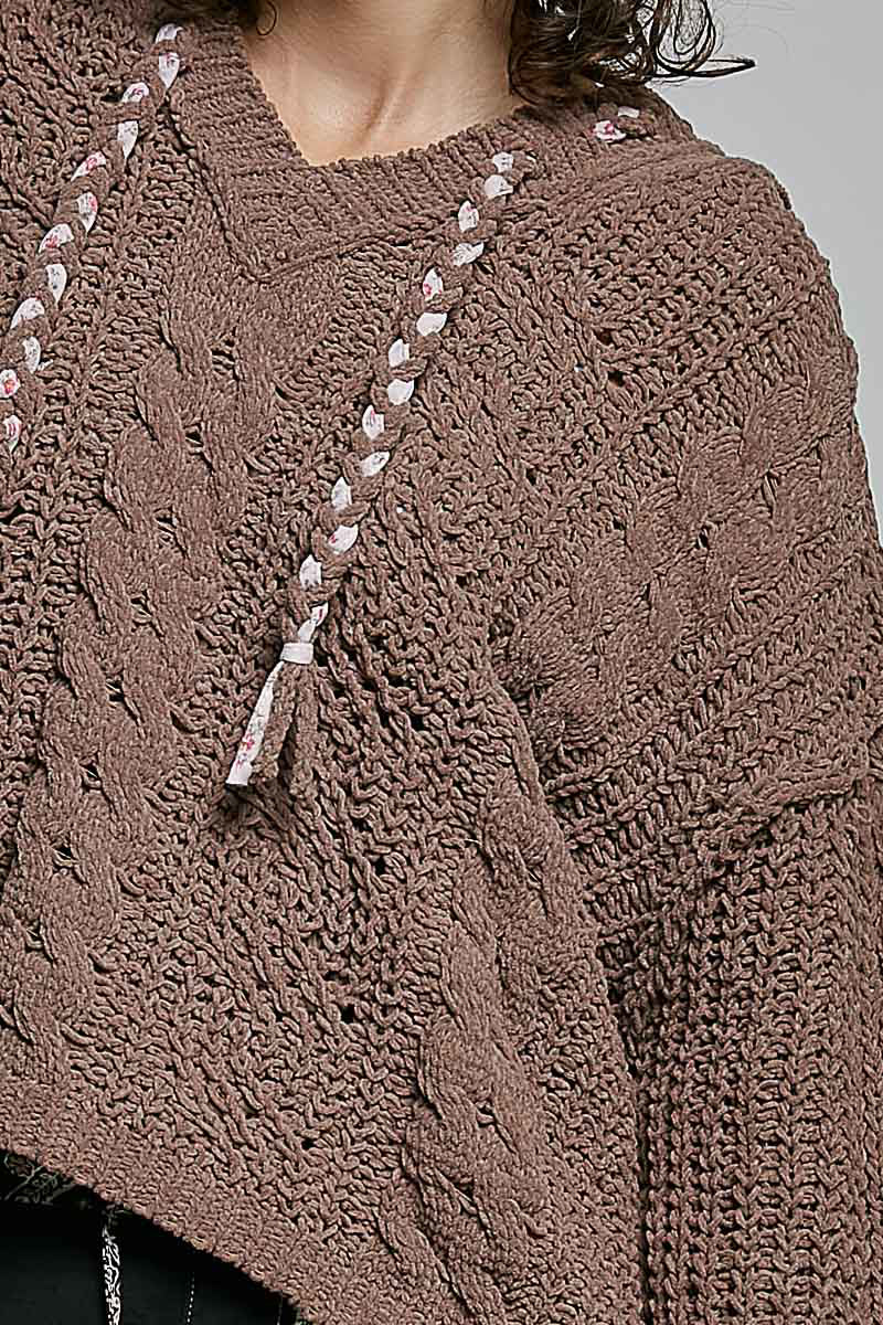 POL Chocolate Hooded Chenille Sweater with Tie Detail