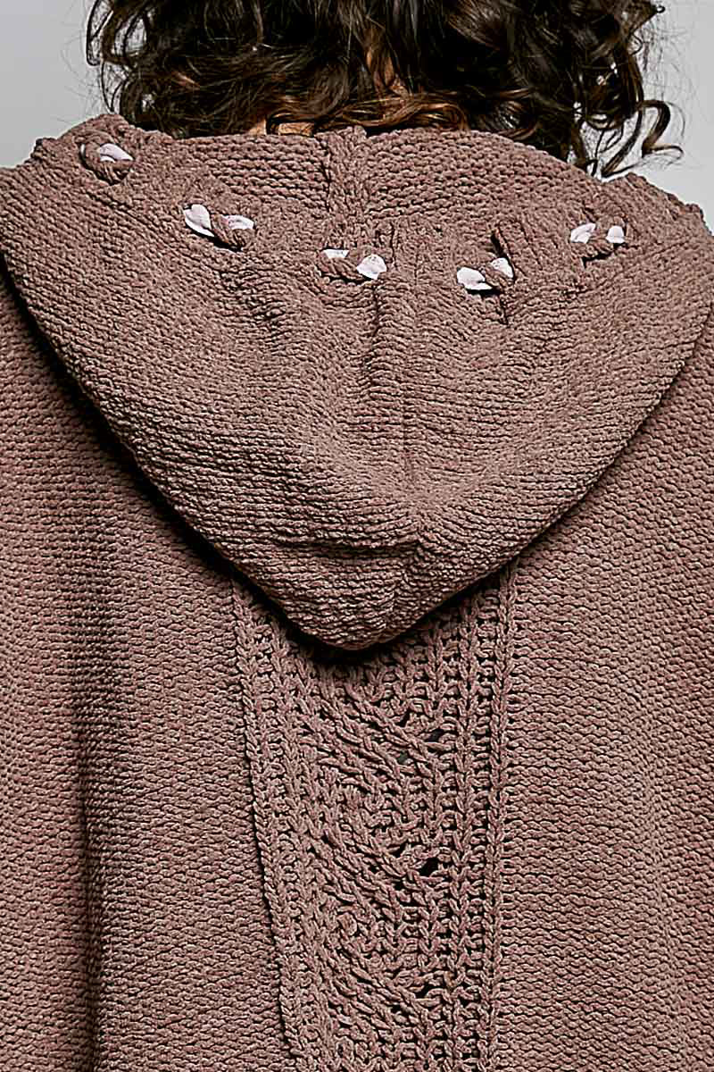 POL Chocolate Hooded Chenille Sweater with Tie Detail