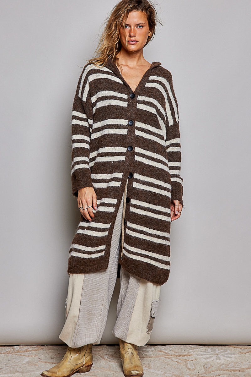 POL Chocolate Multi Striped Longline Knit Cardigan