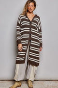 POL Chocolate Multi Striped Longline Knit Cardigan