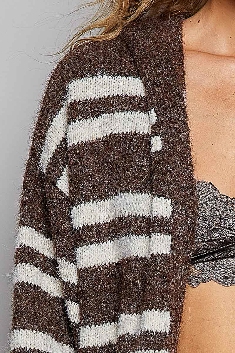 POL Chocolate Multi Striped Longline Knit Cardigan