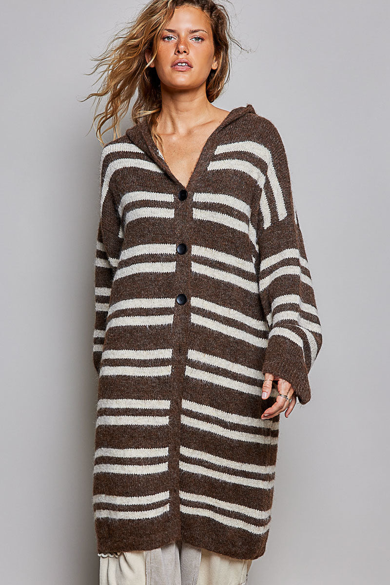 POL Chocolate Multi Striped Longline Knit Cardigan