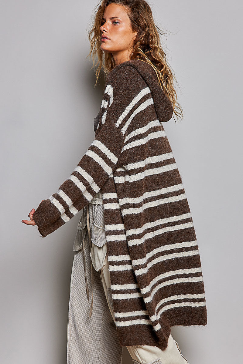 POL Chocolate Multi Striped Longline Knit Cardigan