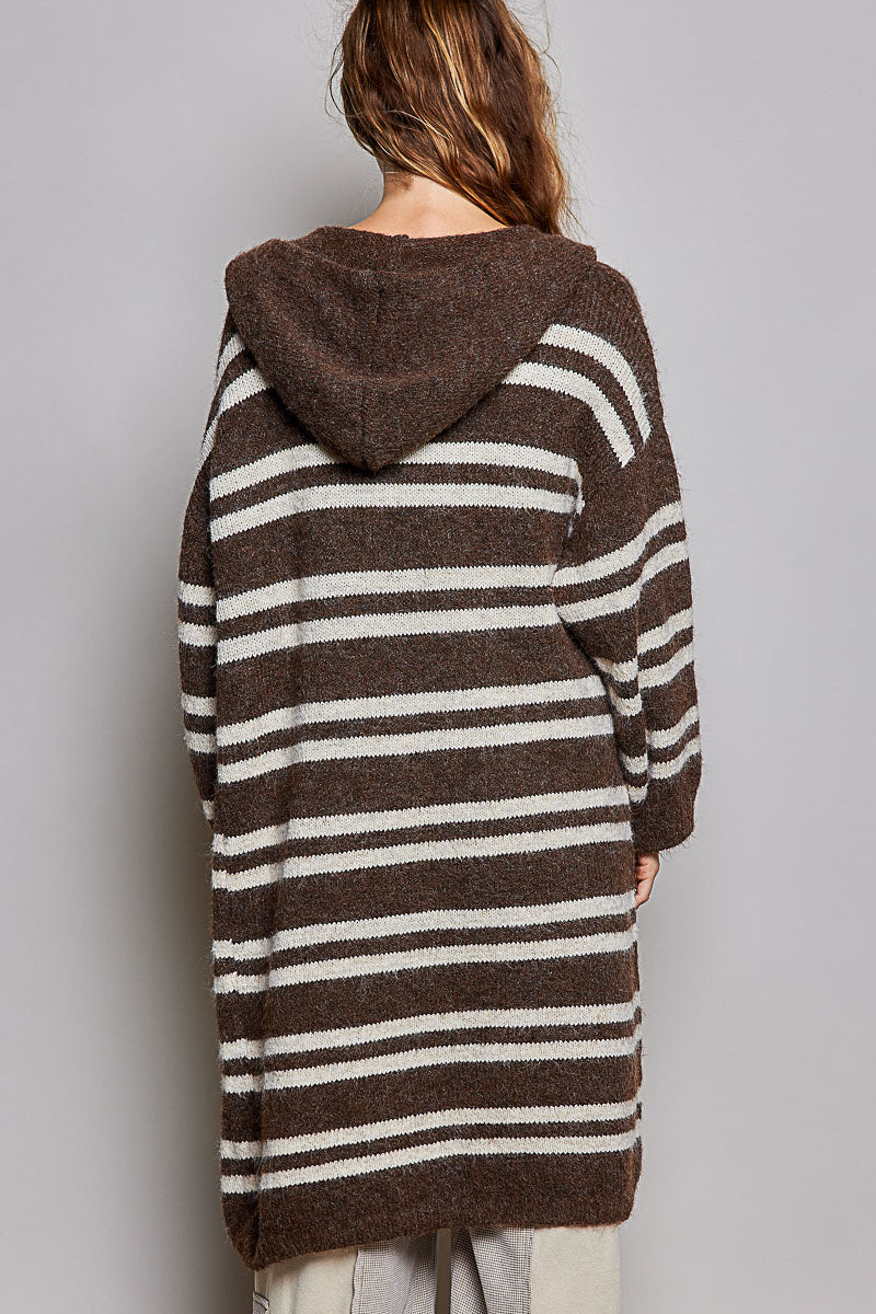 POL Chocolate Multi Striped Longline Knit Cardigan