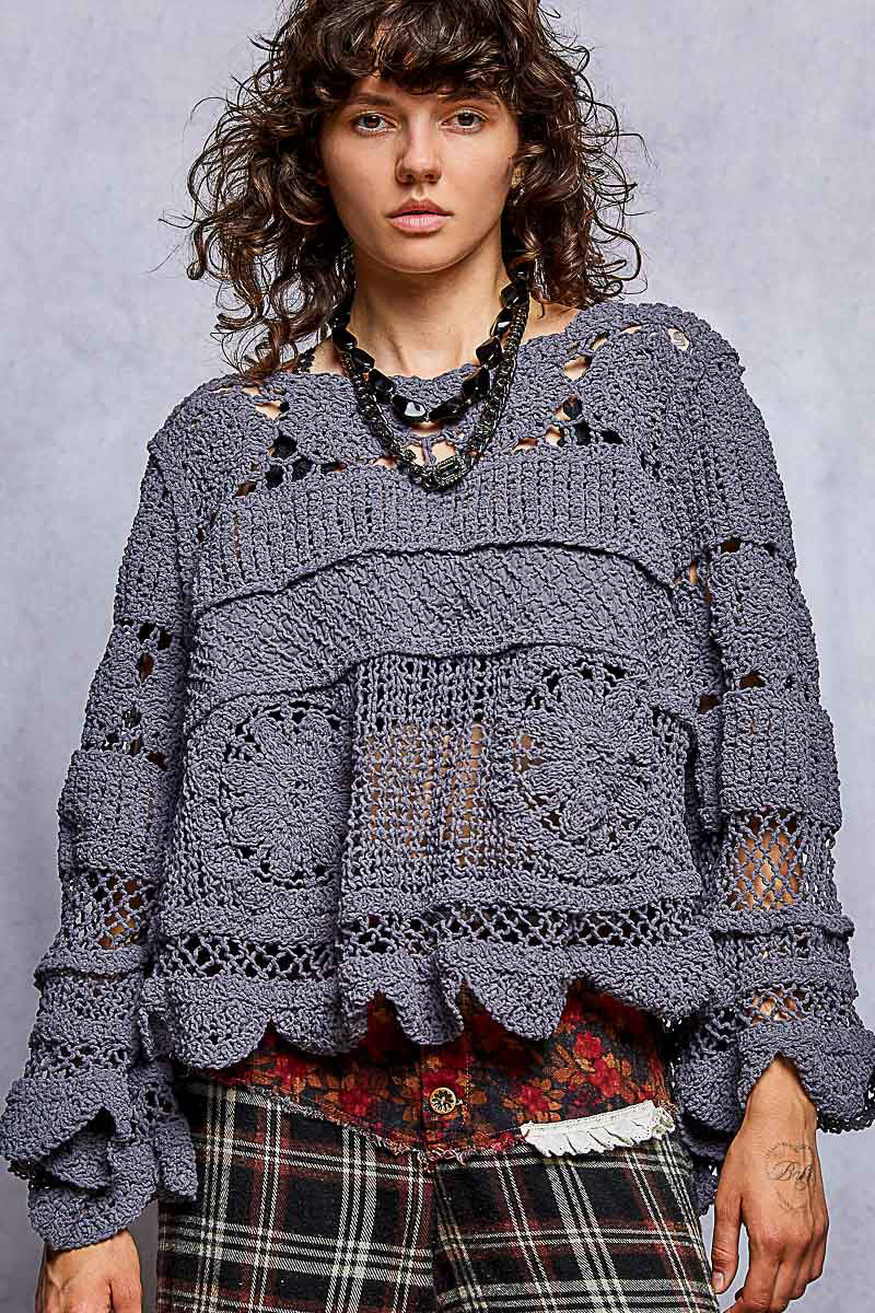POL Deep Grey Mixed Texture Open-Knit Sweater