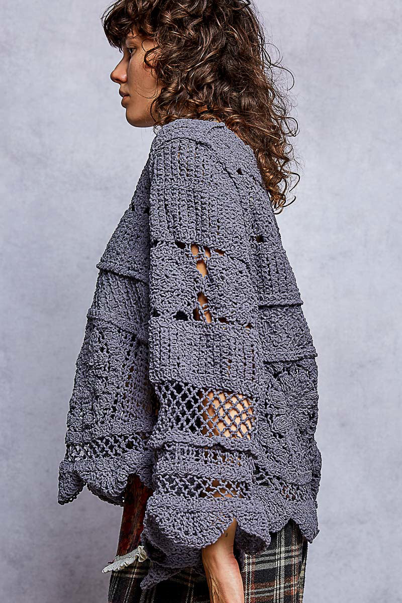 POL Deep Grey Mixed Texture Open-Knit Sweater