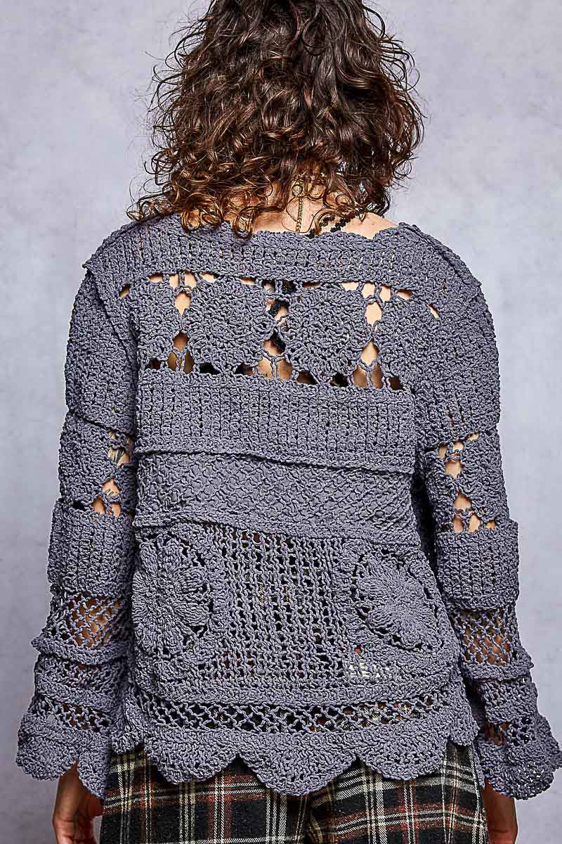 POL Deep Grey Mixed Texture Open-Knit Sweater