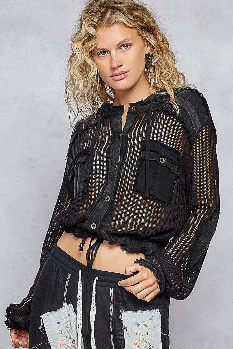 POL Black Multi Textured Frayed-Edge Button-Down Shirt