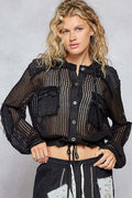 POL Black Multi Textured Frayed-Edge Button-Down Shirt