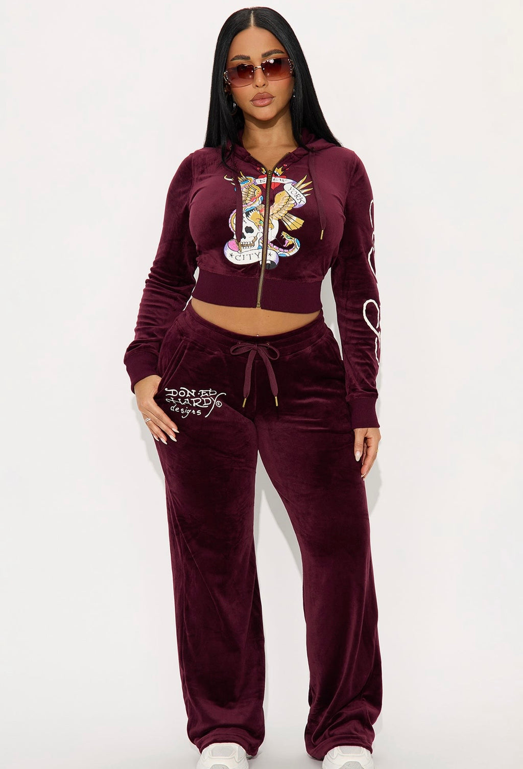 Ed Hardy NYC Skull Velour Pant - Burgundy