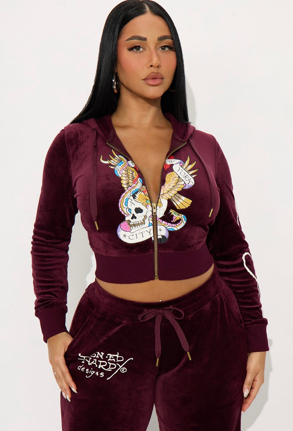Ed Hardy NYC Skull Velour Top - Burgundy