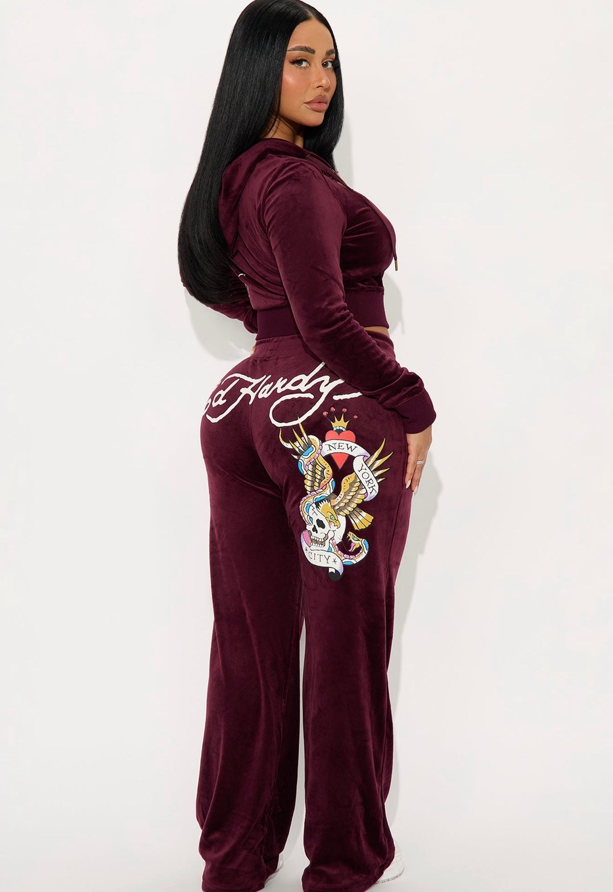 Ed Hardy NYC Skull Velour Pant - Burgundy
