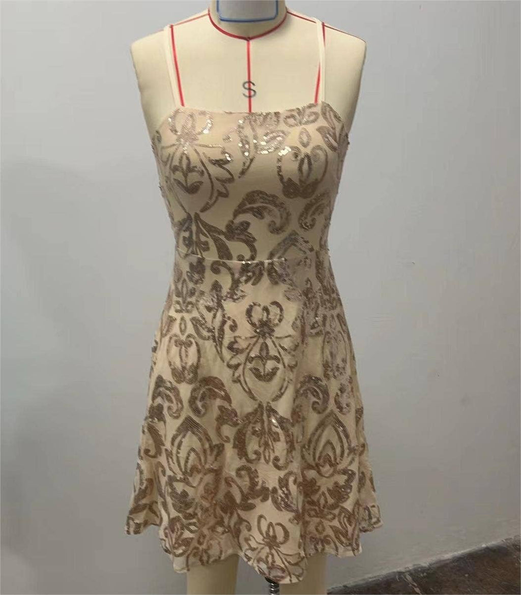 Backless embroidery sequin mini dress