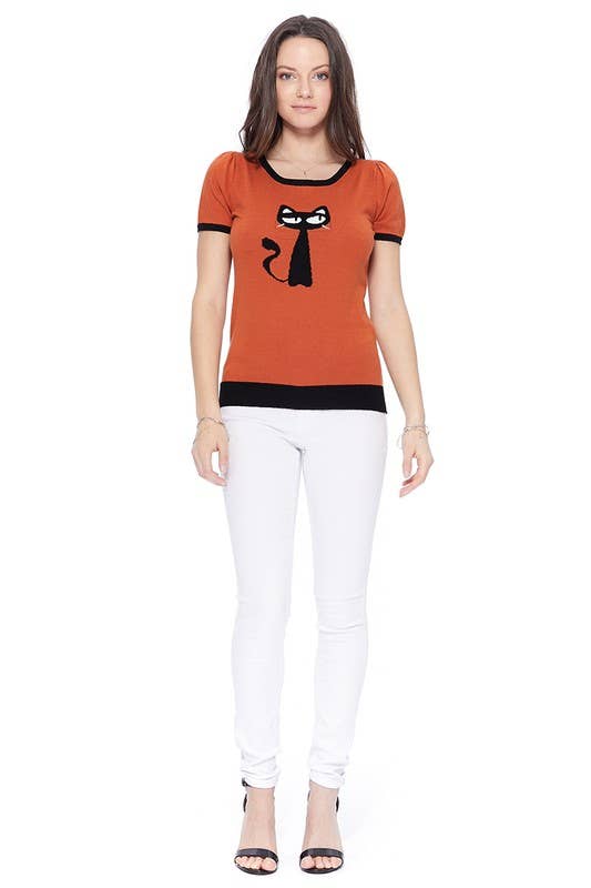 Short Sleeve Crewneck Cat Print Casual T-Shirt Sweater