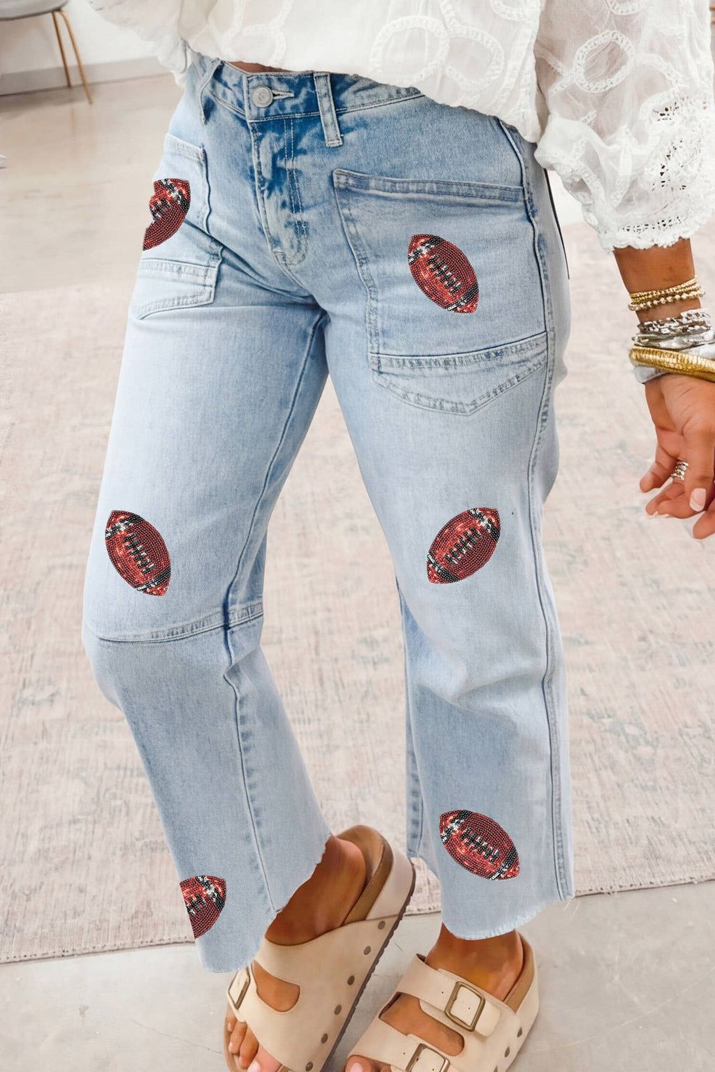 Sequin Detail Patched Rugby Pattern Raw Hem Shift Jeans
