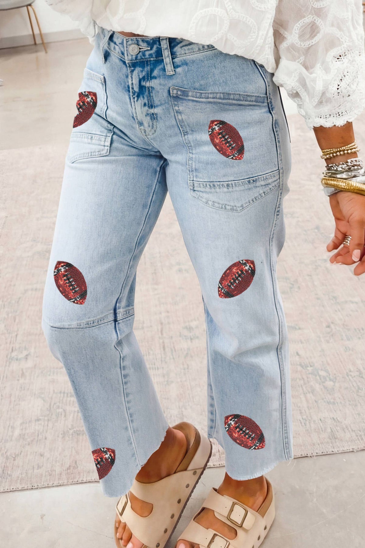 Sequin Detail Patched Rugby Pattern Raw Hem Shift Jeans