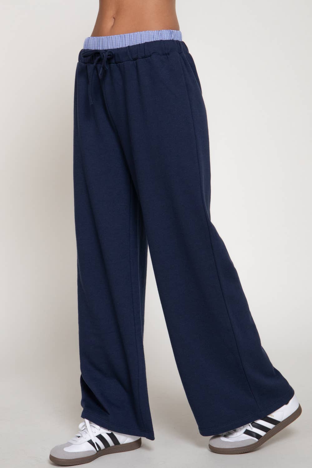 Elastic Waist Long Pants with Contrasting Check Panel