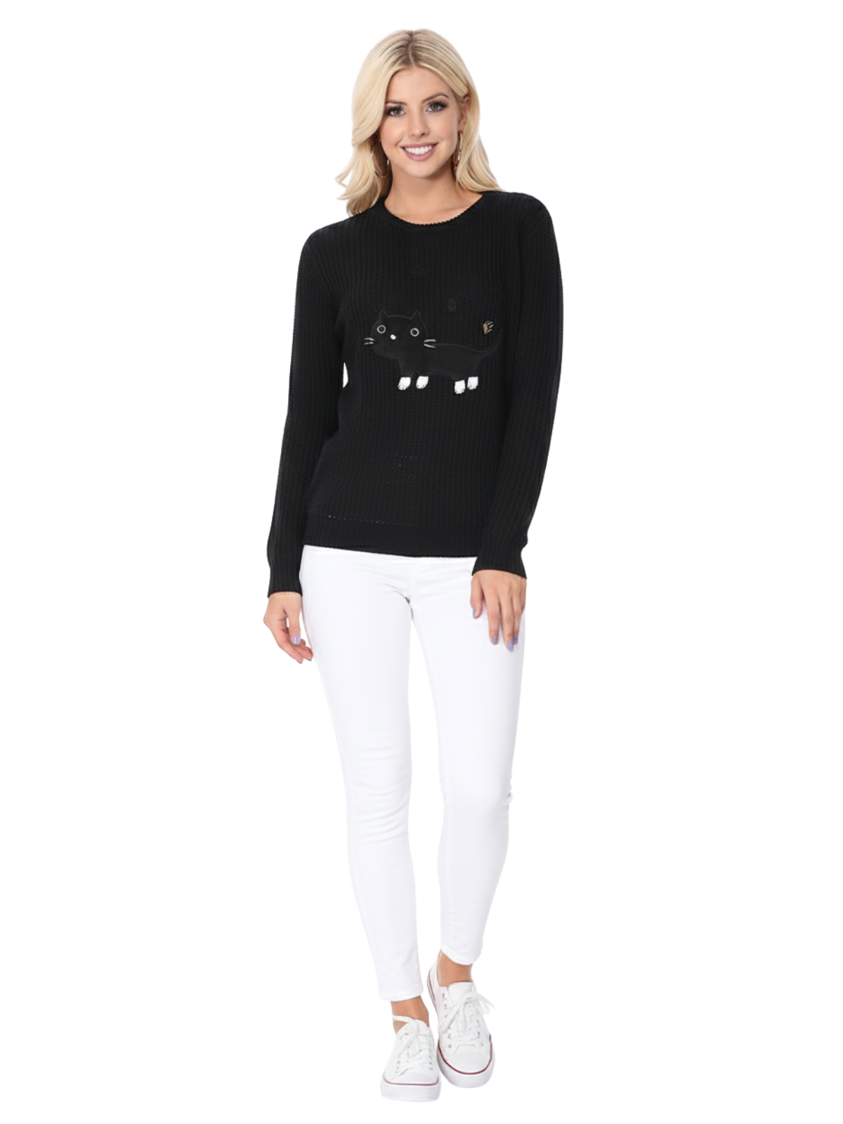 Crewneck BLACK Cat Applique Knit Pullover Sweater MK8207