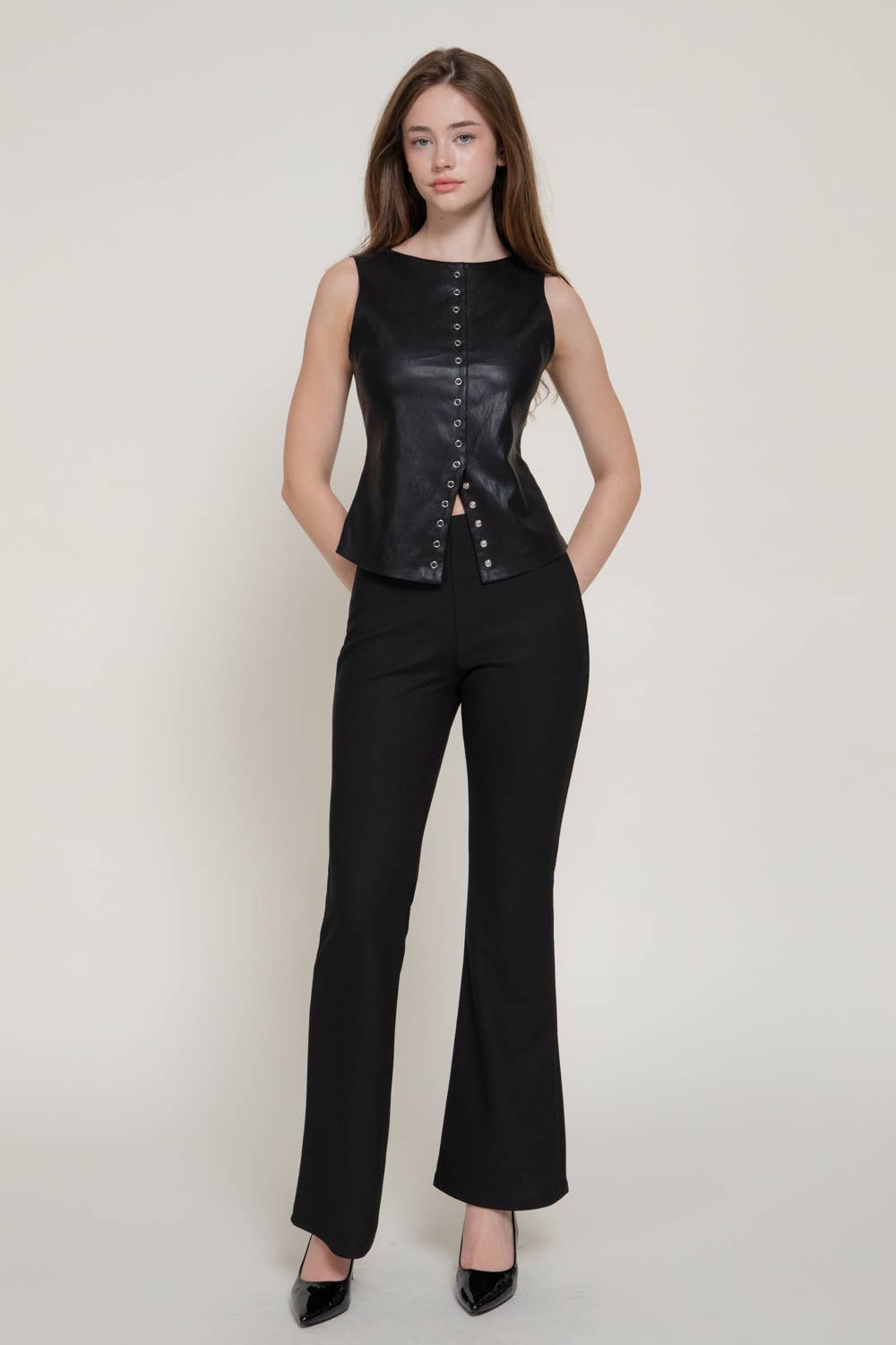 Sleeveless Crew Neck Studded Faux Leather Top