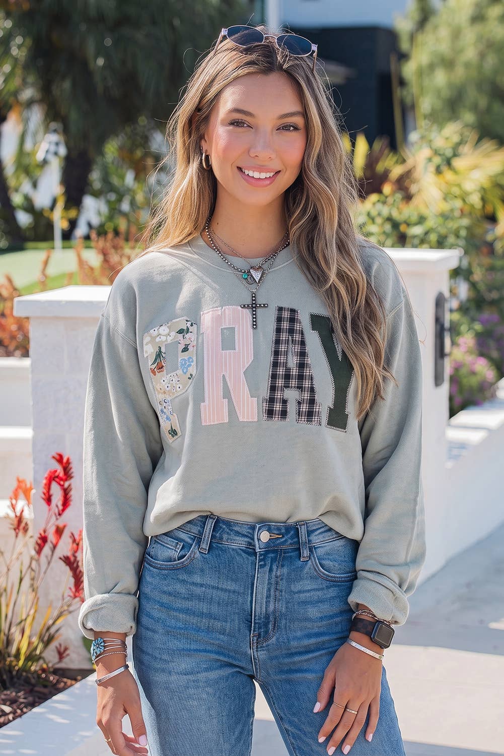 PRAY Striped Embroidered Patch Pullover Sweatshirt