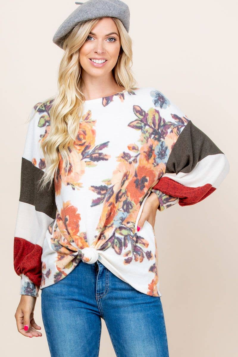 Floral Color Block Balloon Sleeve Top