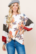 Floral Color Block Balloon Sleeve Top