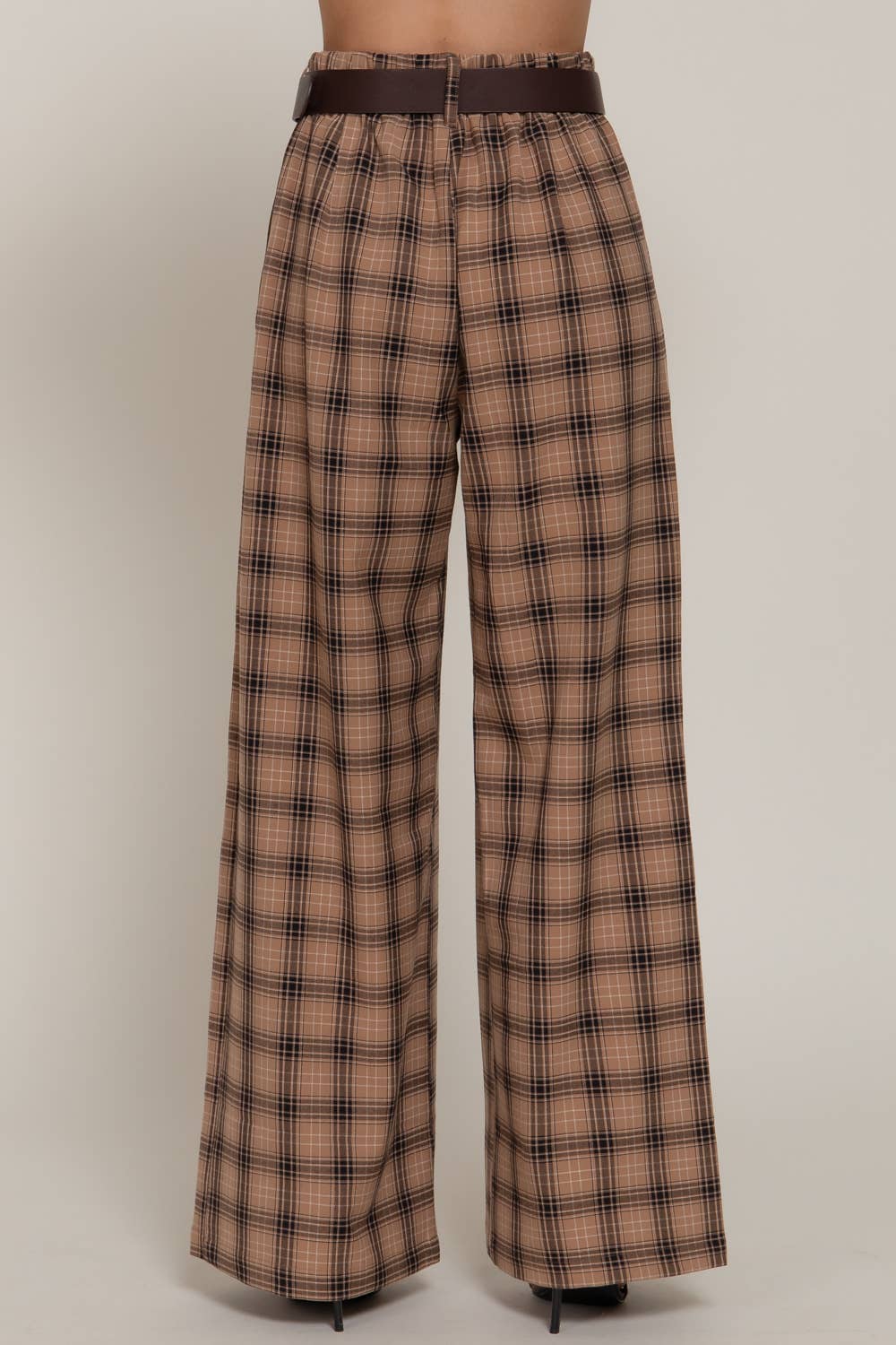 Pleats Detail Belted Side Zipper Plaid Woven Wide Long Pants